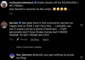 Davido Reacts As Fans Mock Him Over Comment On Drake’s $3m Chain